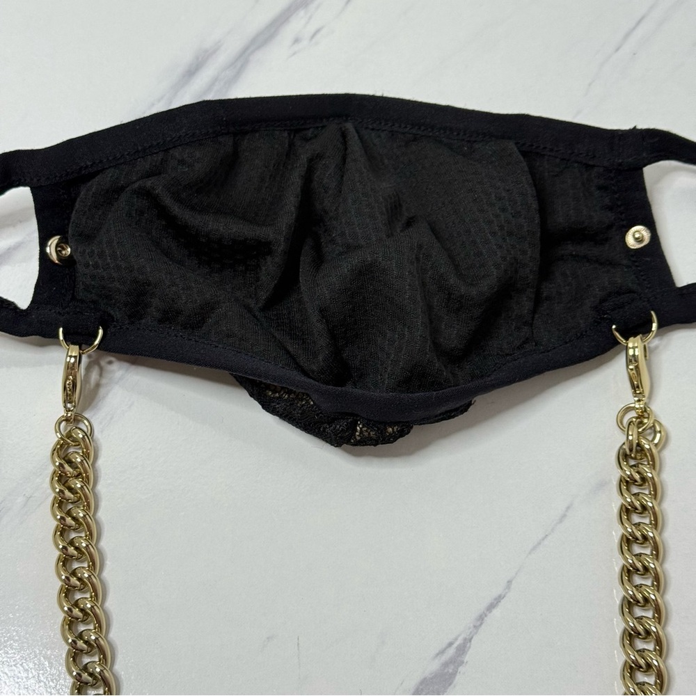 NWOT Bandolier Lace Sophie Face Mask Gold Chain Black Beige Adjustable Ear Loops - Picture 6 of 11